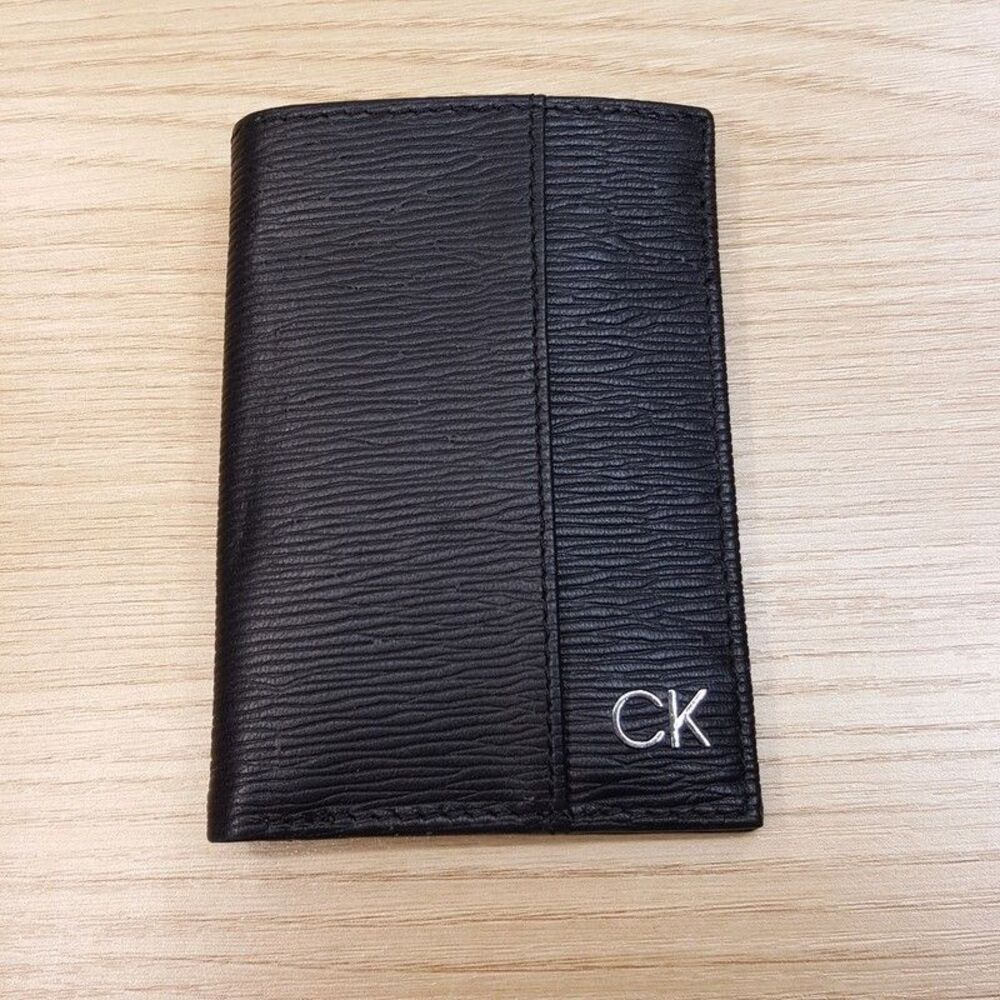 CALVIN KLEIN Mens Wallet Black Textured Leather Duofol Bifold RFID Logo
